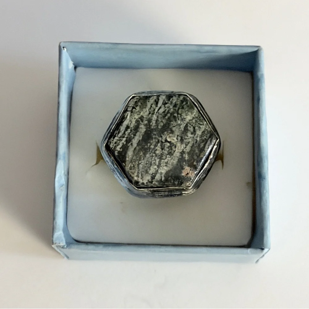New Artisan Chrysotile in Serpentine Hexagonal Stone 925 Sterling Silver Ring